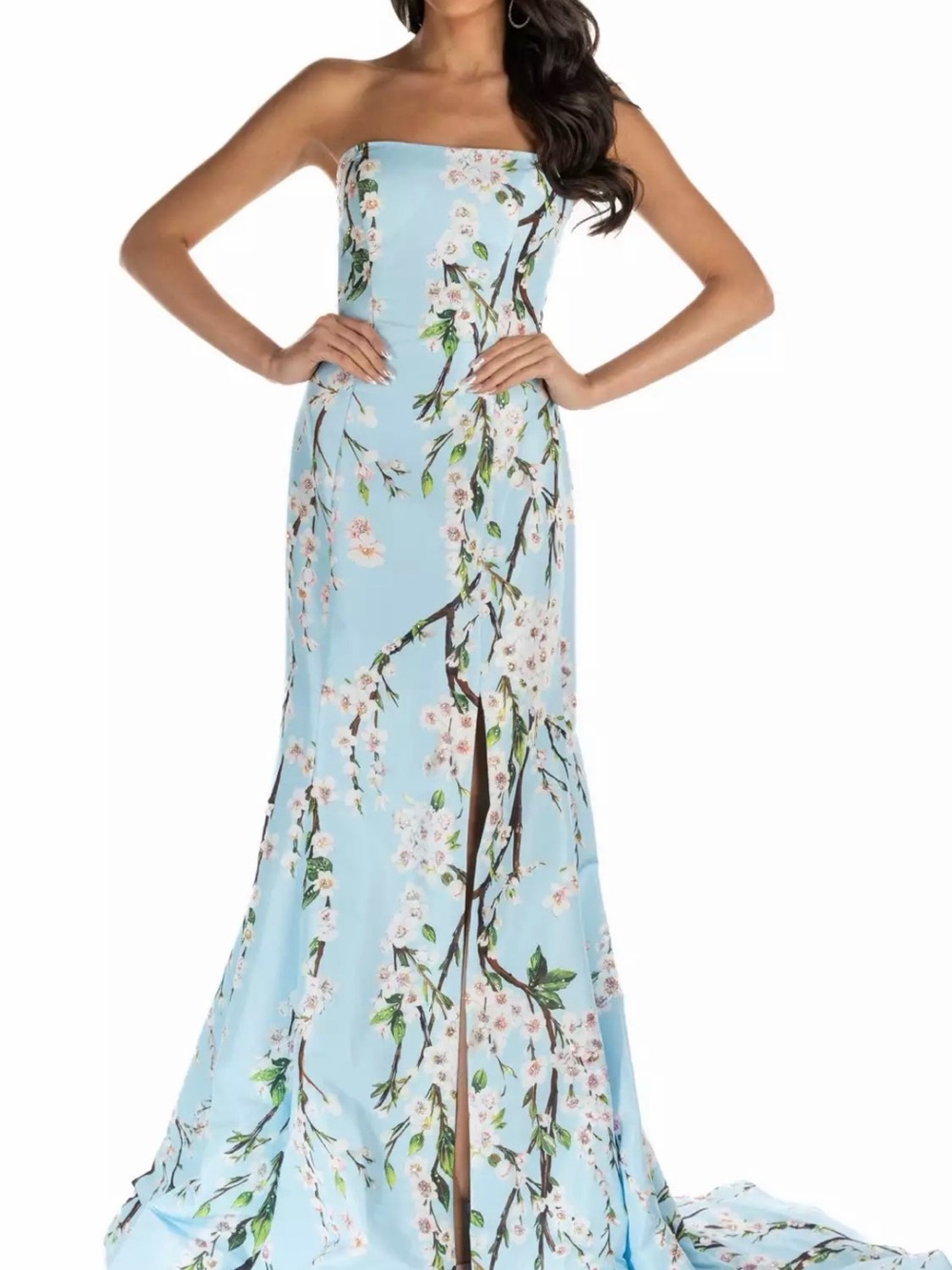 Sherri Hill 54293 Strapless Light Blue Floral Maxi Dress